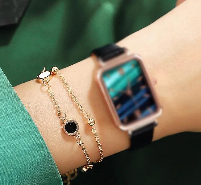 Gold Toned Black White Charm Bracelet for Women